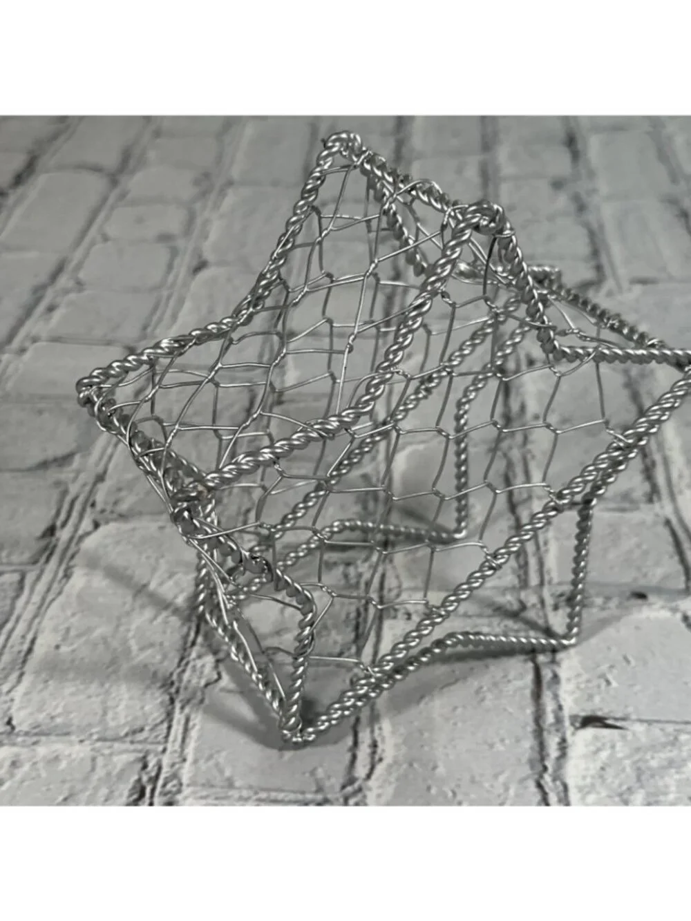 Silver Star-Shaped Wire Metal Decorative Basket Freestanding 6” X 6” X 2.5”